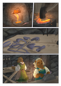 anthro barrel biped brown_body brown_fur clothed clothing duo female forge_(hearth) fur furniture inside smithing table tongs tools bjekkergauken hillevi nanna_(bjekkergauken) bear brown_bear mammal ursine 2025 colored comic hi_res