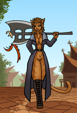 anthro axe belt boots breasts brown_body brown_fur brown_hair chest_tuft city city_background clothing coat detailed_background fantasy female footwear fur genitals hair melee_weapon outside partially_clothed_anthro partially_clothed_female pubes shoes side_boob smile solo topwear tuft vulva weapon yellow_eyes thecumrat final_fantasy final_fantasy_xiv square_enix felid hrothgar mammal absurd_res hi_res
