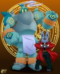 2019 alphonse_elric ambiguous_gender armor blue_body blue_fur brown_background canid canine clothed clothing coat cosplay crossover crossover_cosplay duo edward_elric fullmetal_alchemist fur generation_4_pokemon generation_5_pokemon golurk gradient_background hi_res lucario makoto177 mammal nintendo pokemon pokemon_(species) red_eyes simple_background size_difference smile topwear