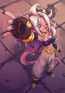 bandeau blue_eyes breasts clothing colored_nails dessert doughnut female food footwear hair high_heels long_hair nails navel not_furry pastry pink_body pink_skin shoes solo tongue topwear white_hair livio3d dragon_ball dragon_ball_fighterz android_21 majin_android_21 alien alien_humanoid humanoid majin 2018 signature