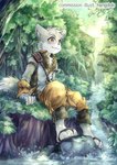 3_toes anthro bottomwear brown_bottomwear brown_clothing brown_pants cheek_tuft chest_tuft claws clothed clothing creek day detailed_background facial_tuft feet fluffy fluffy_tail footwear fully_clothed fur grass grey_body grey_fur head_tuft inner_ear_fluff kemono low-angle_view male moss orange_eyes outside pants plant rock sandals shoes sitting sky solo tail toe_claws toes tree tuft water waterfall white_body white_fur hangdok ambiguous_species mammal shaded