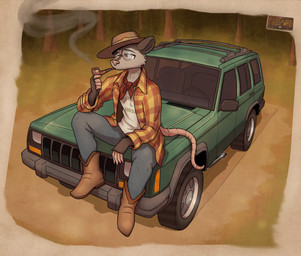 anthro biped black_body black_eyebrows black_fur black_text blue_bottomwear blue_clothing blue_jeans blue_pants boots bottomwear brown_boots brown_clothing brown_eyes brown_footwear brown_hat brown_headwear car clothed clothed_anthro clothed_male clothing day denim denim_bottomwear denim_clothing dirt eyebrows eyewear flannel_shirt footwear forest fully_clothed fully_clothed_anthro fully_clothed_male fur glasses grey_body grey_fur hairless_tail hat headgear headwear jeans kerchief logo male male_anthro multicolored_body multicolored_clothing multicolored_fur multicolored_shirt multicolored_topwear neckerchief neckwear object_in_mouth open_clothing open_shirt open_topwear outside pants pattern_clothing pattern_shirt pattern_topwear pink_tail plaid plaid_clothing plaid_shirt plaid_topwear plant plantigrade pupils red_clothing red_kerchief red_neckerchief red_shirt red_topwear round_glasses shirt shoes sitting sitting_on_car smoke smoking smoking_pipe smoking_pipe_in_mouth snout solo station_wagon tail text text_on_clothing text_on_shirt text_on_topwear topwear tree two_tone_body two_tone_clothing two_tone_fur two_tone_shirt two_tone_topwear vehicle white_clothing white_shirt white_topwear yellow_clothing yellow_shirt yellow_topwear posspowered chrysler jeep jeep_cherokee stellantis_n.v. american_opossum mammal marsupial virginia_opossum 2025 artist_logo hi_res