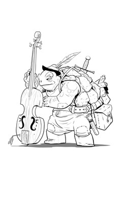 anthro arrow_(weapon) backpack belt boots bottomwear bowed_string_instrument cello clothed clothing footwear hat headgear headwear melee_weapon musical_instrument pants ranged_weapon scroll shell shoes solo string_instrument sword topless turtle_shell weapon the-art-of-b dungeons_and_dragons hasbro wizards_of_the_coast reptile scalie tortle turtle black_and_white hi_res monochrome