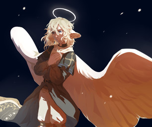 belt black_belt blonde_hair blue_eyes bottomwear clothed clothing feathered_wings feathers female grey_clothing hair light_body light_skin narrowed_eyes no_pupils pants simple_background solo unsigned white_body white_bottomwear white_clothing white_feathers white_pants white_wings wings corzh77 humanoid 6:5 absurd_res hi_res portrait three-quarter_portrait