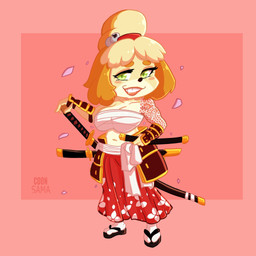 anthro arm_tattoo armor bandage bell big_breasts blush blush_stickers bottomwear breasts chest_wraps cleavage clothed clothing eyelashes female footwear fur green_eyes katana lipstick looking_at_viewer makeup melee_weapon navel orange_body orange_fur pink_background pink_lipstick red_bottomwear red_clothing samurai sandals shoes simple_background smile socks socks_with_sandals solo sword tan_body tan_fur tattoo warrior weapon white_body white_clothing white_footwear white_fur white_socks wraps raccoon_sama animal_crossing nintendo isabelle_(animal_crossing) canid canine canis domestic_dog mammal shih_tzu toy_dog 1:1 hi_res
