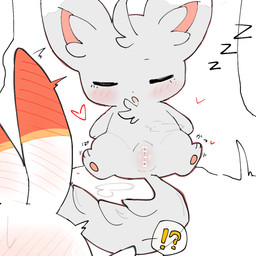 aroused biped bipedal_feral blush body_blush censored_genitalia chest_tuft duo ear_blush female feral fluffy fluffy_tail front_view fur genitals grey_body grey_fur head_tuft heart_symbol inner_ear_fluff interrobang onomatopoeia paws red_body red_fur shocked simple_background sitting sleeping sound_effects tail text tuft vowelless vowelless_sound_effect vulva vulva_blush white_background white_body white_fur zzz sakaniyame nintendo pokemon generation_5_pokemon generation_8_pokemon minccino pokemon_(species) scorbunny 1:1 2025 censored digital_drawing_(artwork) digital_media_(artwork) hi_res japanese_text