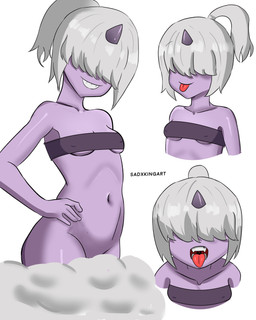 breasts clothing cloud covered_nipples female hair hair_over_eyes hand_on_hip horn looking_at_viewer navel not_furry open_mouth palmorph purple_body simple_background small_breasts smile smiling_at_viewer smug solo topwear white_hair sadxkingart palworld pocketpair dazzi_(pal) humanoid pal_(species) 4:5 hi_res
