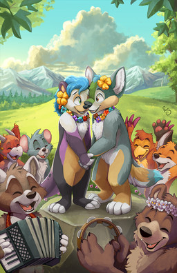 anthro black_nose blue_hair brown_body brown_fur cheering eyes_closed fangs featureless_crotch female female_anthro fur green_eyes grey_body grey_fur group hair happy male male_anthro mountain nude open_mouth open_smile orange_body orange_eyes orange_fur outside purple_body purple_fur smile standing teeth white_body white_fur young young_anthro young_male pandapaco mythology avian bear dragon mammal mouse murid murine mustelid mythological_creature mythological_scalie otter procyonid raccoon rodent scalie hi_res