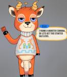 anthro balls big_balls big_penis bodily_fluids bottomless clothed clothing condom genitals grey_background horn humanoid_genitalia humanoid_penis male penis sexual_barrier_device simple_background solo sweat sweaty_balls sweaty_genitalia sweaty_penis text frosterss animal_crossing nintendo beau_(animal_crossing) antelope bovid mammal english_text hi_res