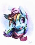 blue_body blue_fur female fur hair multicolored_hair outside purple_eyes rainbow_hair scarf snow snowing solo winter_hat tsitra360 friendship_is_magic hasbro my_little_pony rainbow_dash_(mlp) equid equine horse mammal pony 2014 bust_portrait hi_res portrait