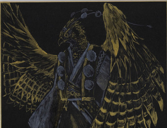 anthro asian_clothing back_wings beak belt black_background clothed clothed_anthro clothed_male clothing east_asian_clothing feathered_crest feathered_wings feathers head_crest japanese_clothing jewelry kimono male male_anthro necklace sextuple_tomoe simple_background sleeveless_clothing sleeveless_topwear sleeveless_vest solo standing three-quarter_view tomoe_(symbol) topwear vest wings hyakuashi asian_mythology east_asian_mythology japanese_mythology mythology accipitrid accipitriform avian bird kite_(bird) tengu yokai 2013 absurd_res hi_res japanese_description painting_(artwork) traditional_media_(artwork) traditional_painting_(artwork)