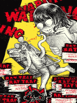 anthro biped black_body bodily_fluids butt cheese clipboard dairy_products eyewear feet female food glasses holding_cheese lipstick makeup mouse_ears mouse_trap quadruped rear_view red_text size_difference smile soles solo spotlight spring squeaking sweat text toes trap_(contrivance) trapped warning wearing_glasses bonnie_guerra human mammal mouse murid murine rat rodent 3:4 hi_res restricted_palette