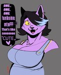 anthro big_breasts blue_clothing blue_overalls breasts clothing dialogue ear_piercing ear_ring female grey_background one_eye_obstructed overalls piercing purple_body ring_piercing simple_background slightly_chubby solo_focus speech_bubble yellow_eyes realpakk undertale undertale_(series) catty_(undertale) felid feline mammal absurd_res bust_portrait hi_res portrait