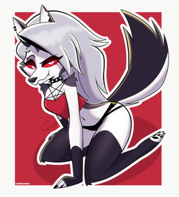 anthro bikini breasts butt clothing ear_piercing ear_ring ellaverse eyeshadow female female_anthro glistening glistening_clothing gradient_background hoop_ear_ring looking_at_viewer makeup navel outside piercing pose red_sclera ring_piercing simple_background solo swimwear text two-piece_swimsuit animatedmau hellaverse helluva_boss mythology loona_(helluva_boss) canid canid_demon canine demon hellhound mammal mythological_canine mythological_creature 2026 absurd_res digital_media_(artwork) english_text hi_res pinup url