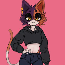 anthro bottomwear cheek_tuft clothing denim denim_bottomwear denim_clothing ear_piercing eyeshadow facial_tuft fangs female female_anthro fur gold_(metal) gold_piercing head_tuft jacket jeans looking_at_viewer makeup midriff narrowed_eyes navel orange_body orange_fur pants piercing pink_background purple_body purple_fur simple_background solo tail teeth topwear tuft white_body white_fur yellow_eyes mun_rue epic_games fortnite meow_skulls calico_cat domestic_cat felid feline felis mammal 1:1 2026 colored digital_drawing_(artwork) digital_media_(artwork) hi_res sketch