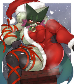 anthro big_breasts blush breasts christmas_clothing christmas_headwear clothed clothing female fur genitals green_body green_fur hat headgear headwear heart_eyes heart_symbol holidays huge_breasts looking_at_viewer santa_hat solo vulva shaolin_bones christmas nintendo pokemon generation_9_pokemon meowscarada pokemon_(species) hi_res