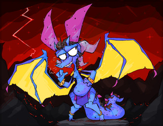 anthro belly big_tail blue_body bodily_fluids bracelet breath horn jewelry lightning_bolt male mountain red_sky shoulder_pads sky solo sweat tail wings roksim mythology draykan_(character) dragon mythological_creature mythological_scalie scalie scorcho veggiefolk hi_res