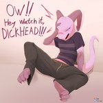 anthro barefoot biped bottomwear clothed clothing dialogue exclamation_point feet female fingers on_ground open_mouth pink_body pink_sclera pink_tail red_eyes simple_background solo tail text topwear jarnqk lya_(jarnqk) kobold scalie absurd_res hi_res