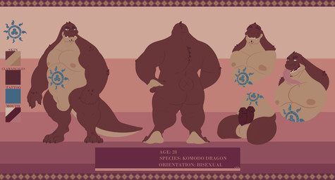 animal_genitalia anthro balls belly big_belly blue_eyes blue_markings brown_body brown_penis brown_tail butt front_view genital_slit genitals humanoid_genitalia humanoid_penis male markings moobs mouth_closed nipples nude obese obese_anthro obese_male overweight overweight_anthro overweight_male penis rear_view solo standing tail tan_balls tan_body tan_tail text chocolateandmilk komodo_dragon lizard monitor_lizard reptile scalie absurd_res english_text hi_res model_sheet