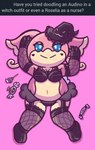 absurd_res alternate_version_at_source anthro armwear audino blue_eyes candy chandelure clothing dessert dialogue_box drifloon dusknoir english_text eyeshadow female fishnet fishnet_armwear fishnet_clothing fishnet_gloves fishnet_handwear fishnet_legwear fishnet_thigh_highs food generation_4_pokemon generation_5_pokemon gloves handwear hat headgear headwear heart_symbol hi_res legwear lingerie lollipop looking_at_viewer lying makeup maskedfurry nintendo on_back pink_body pokemon pokemon_(species) simple_background slightly_chubby smile solo stockings tan_body text thigh_highs witch_costume witch_hat