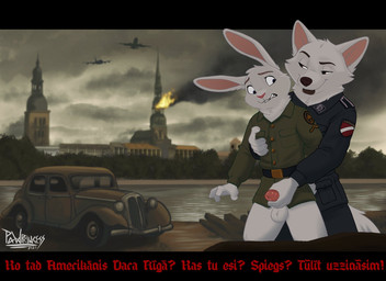 anthro baroque_architecture bottomless bottomless_male clothed clothing fur genitals handjob humanoid_genitalia humanoid_penis latvia male male/male military military_uniform nazi_uniform outside pantsless penile penis predator/prey questionable_consent reach_around riga_(city) sex soldier text uniform vehicle warfare warrior white_body white_fur world_war_2 pawprincess usins_(pawprincess) arctic_fox canid canine fox lagomorph leporid mammal rabbit true_fox 2025 hi_res signature
