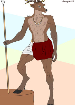 anthro clothing ear_piercing male melee_weapon muscular muscular_male piercing polearm solo spear weapon keinor deer mammal absurd_res hi_res