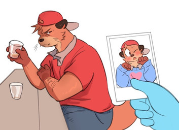 4_fingers alcohol anthro beverage blue_clothing blue_sweater blue_topwear blush brown_eyes closed_frown clothed clothed_male clothing coat cute_fangs duo eyewear facial_hair fangs fingers frown fully_clothed fully_clothed_male furniture glass hat headgear headwear heart_clothing heart_shirt heart_symbol heart_topwear looking_aside looking_at_viewer male mostly_offscreen_character mouth_closed one_eye_closed photo red_clothing red_hat red_headwear red_shirt red_topwear shirt simple_background solo sweater table tail teeth text topwear whiskers white_background wink winking_at_viewer imkrisyim chester_the_otter mammal mustelid otter