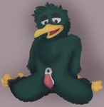 anthro avian_feet beak bodily_fluids cum feathers genital_fluids genitals green_body green_feathers hands_behind_back male penis penis_eye pose precum solo tears unusual_anatomy unusual_genitalia unusual_penis chimeracocks don't_hug_me_i'm_scared wakey_wakey_pilot duck_guy_(dhmis) morgan_(dhmis) avian bird corvid corvus_(genus) crow oscine passerine hi_res pinup