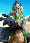 2019 anthro avian beak bird breath_of_the_wild bulge butt clothed clothing crossdressing detailed_bulge diaszoom digital_media_(artwork) erection feathers genital_outline gerudo_outfit hi_res looking_at_viewer looking_back male nintendo penis_outline purple_eyes rito smile smiling_at_viewer solo standing tail tail_feathers tenting the_legend_of_zelda vari_(yufuria) winged_arms wings