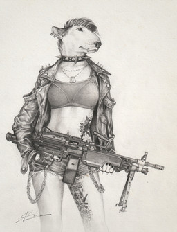 anthro bottomwear bra chain clothing collar denim denim_bottomwear denim_clothing denim_shorts dog_tags ear_piercing eyebrow_piercing facial_piercing female fingerless_gloves gloves gun hair handwear jacket leather leather_clothing leather_jacket leather_topwear lip_piercing looking_aside m249 machine_gun piercing ranged_weapon rifle shorts solo spiked_collar spikes sports_bra standing tattoo topwear underwear weapon grauewolfe bull_terrier canid canine canis domestic_dog hunting_dog mammal terrier greyscale hi_res monochrome portrait signature three-quarter_portrait traditional_media_(artwork)