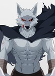 abs anthro arm_wraps biceps black_cloak black_clothing black_nose black_sclera cape cloak clothing fingers fur grey_body grey_fur licking licking_lips looking_at_viewer male multicolored_body multicolored_fur muscular muscular_anthro muscular_male pecs pubes red_eyes serratus sharp_teeth simple_background smile smiling_at_viewer solo teeth tongue tongue_out tuft two_tone_body two_tone_fur vein veiny_muscles white_background wounded wraps takochinki dreamworks puss_in_boots_(franchise) death_(puss_in_boots) canid canine canis mammal wolf 2023 digital_media_(artwork) hi_res