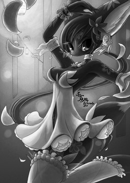 4_fingers anthro armlet arms_bent bent_leg big_ears big_eyes big_pupils biped bracelet breasts closed_smile clothed clothed_anthro clothed_female clothing curvy_figure detailed_background dipstick_tail dress ear_piercing ear_ring eyelashes facial_markings female female_anthro fingernails fingers floral_clothing flower flower_necklace flower_symbol glistening glistening_eyes hair head_markings highlights_(coloring) inner_ear_fluff jewelry kemono lamp lantern light looking_at_viewer markings medium_breasts mouth_closed nails navel neck_ring noseless outside paper_lantern petals piercing plant pointy_ears ponytail prick_ears pupils ring_piercing sharp_fingernails sharp_nails short_tail side_boob small_waist smile smiling_at_viewer solo standing tail tail_markings text thick_thighs three-quarter_view tuft white_sclera wide_hips sho_shibamoto flower_knight_dakini damini_(flower_knight_dakini) canid canine fox mammal thunder_beast_(flower_knight_dakini) 2020 artist_name digital_media_(artwork) english_text hi_res monochrome portrait shaded three-quarter_portrait