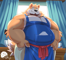 anthro apron baker bakery barazoku beard belly belly_outline biceps big_belly black_nose blue_clothing blue_topwear bottomwear brown_body brown_fur claws clothed clothing detailed_background eyes_closed facial_hair fur hair hand_on_chest male musclegut muscular muscular_anthro muscular_male overweight overweight_male pants pecs red_clothing smile solo tail tight_clothing topwear white_bottomwear white_clothing white_pants uwsponge canid canine canis domestic_dog mammal shiba_inu spitz hi_res