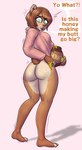 anthro bottomless breasts butt clothed clothing female food honey_(food) hoodie looking_down solo text topwear yerolay katya_(pistolpete) bear mammal absurd_res english_text hi_res