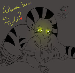 anthro big_breasts big_butt breasts butt cleavage clothed clothing crawling curvy_figure dark eye_black female glowing glowing_eyes grey_background heart_symbol looking_at_viewer machine simple_background slightly_chubby smile solo thick_thighs voluptuous wide_hips yellow_eyes thatgrouchybadger five_nights_at_freddy's scottgames fan_character foxy_(fnaf) tammy_(fnaf_oc) animatronic felid mammal pantherine robot tiger grey_theme