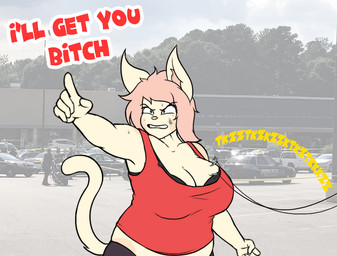 angry anthro big_breasts big_ears bra bra_peek breasts cleavage clenched_teeth clothed clothing dialogue electrocution electroshock_weapon female gesture hair hand_gesture overweight overweight_anthro overweight_female pink_hair pointing shirt slightly_chubby solo sound_effects standing tank_top taser teeth text tight_clothing topwear underwear weapon doxxyl capri_(doxxyl) domestic_cat felid feline felis mammal english_text meme