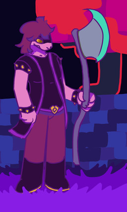 anthro axe belt boots bottomwear bracelet clothing female footwear grass hair jacket jewelry pants pink_body plant shirt shoes sleeveless_clothing solo spikes standing topwear tree wall_(structure) yellow_eyes something_(artist) deltarune undertale_(series) susie_(deltarune) lizard monster reptile scalie 3:5 hi_res