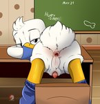 animal_genitalia anthro anus beak black_eyes bottomwear bottomwear_down butt classroom classroom_desk clothed clothing gaping gaping_anus genital_slit genitals half-erect looking_at_viewer male pants pants_down partially_clothed penis presenting presenting_anus presenting_hindquarters public raised_tail school solo tail tapering_penis text young young_anthro young_male conditional_dnp osterars disney ducktales ducktales_(2017) dewey_duck anatid anseriform avian bird duck 2025 absurd_res english_text hi_res watermark