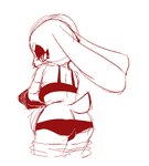 anthro bottomwear bottomwear_down bra butt clothed clothing female holding_clothing holding_object looking_back partially_clothed rear_view simple_background solo standing tail underwear undressing white_background unknown_artist lagomorph mammal monochrome red_and_white sketch