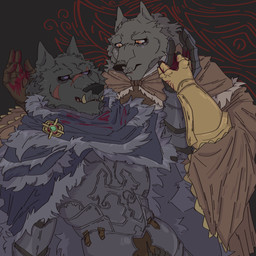 anthro armor blood blood_on_hand bodily_fluids cape clothing duo fangs male male/male purple_eyes scar teeth yellow_eyes quetza elden_ring fromsoftware blaidd_(elden_ring) tarnished_(elden_ring) canid canine canis mammal wolf 1:1 absurd_res hi_res