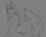 anthro breasts ears_up female fluffy fluffy_tail glistening glistening_eyes hair heart_symbol long_hair nipples outline skinny slim small_breasts small_waist smile solo stare tail teasing bogusart3 canid canine fox mammal absurd_res greyscale hi_res line_art monochrome sketch