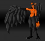 animal_genitalia anthro black_body black_fur black_hair black_nipples blue_eyes breasts eyewear feathered_wings feathers feet fully_sheathed fur genitals glasses gynomorph hair intersex nipples orange_body orange_fur sheath solo tail talons toes wings fallenfolf european_mythology greek_mythology mythology xeila avian canid canine canis fox harpy hybrid mammal mythological_avian mythological_creature wolf