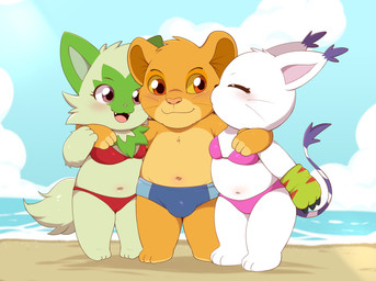 3_toes 4_fingers anthro arms_around_shoulders barefoot beach bikini black_nose blue_clothing blue_speedo blue_swimwear blush blush_lines breasts bulge camel_toe clothed clothed_anthro clothed_female clothing cloud day ear_tuft eyebrows eyelashes eyes_closed facial_markings fangs feet female female_anthro fingers fur glistening glistening_eyes green_body green_fur green_tail group head_markings kissing male male_anthro markings mask_(marking) navel neck_tuft open_mouth outside pink_bikini pink_clothing pink_inner_ear pink_nose pink_swimwear purple_eyes purple_tail purple_tail_tuft red_bikini red_clothing red_eyes red_swimwear sand sea smile speedo striped_markings striped_tail stripes swimwear tail tail_markings tail_tuft teeth thin_eyebrows toes tongue trio tuft two-piece_swimsuit water whiskers white_body white_fur white_tail young anonymous_artist bandai_namco digimon disney nintendo pokemon the_lion_king simba_(the_lion_king) digimon_(species) felid gatomon generation_9_pokemon lion mammal pantherine pokemon_(species) sprigatito digital_media_(artwork) hi_res