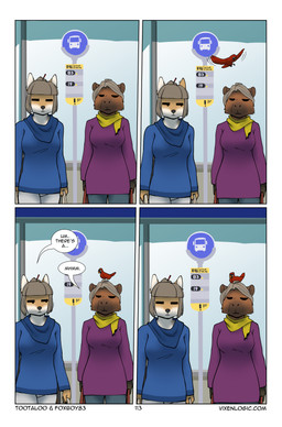 anthro bird_on_head blue_clothing blue_shirt blue_topwear breasts brown_body brown_fur bus_stop clothed clothing day dialogue duo female fur grey_hair hair holding_bag outside purple_clothing purple_shirt purple_topwear scarf shirt short_hair speech_bubble standing text tied_hair topwear waiting white_body white_fur yellow_scarf foxboy83 tootaloo vixen_logic ferra_(vixen_logic) avian bird canid canine capybara cardinal_(bird) caviid fox mammal northern_cardinal oscine passerine rodent tibetan_sand_fox true_fox colored comic digital_media_(artwork) english_text hi_res url