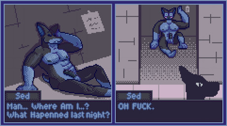 alley ambiguous_gender anthro barazoku big_muscles big_pecs black_body black_fur blue_body blue_border blue_fur blush border city dialogue dialogue_box embarrassed erection exhibitionism fur genitals half-erect hand_on_head humanoid_genitalia humanoid_penis hungover lost_clothes male morning_wood muscular nipples outside pecs penis profanity public sitting solo text akadthefox sed_(akadthefox) canid canine canis dobermann domestic_dog mammal pinscher comic digital_media_(artwork) english_text hi_res pixel_(artwork)