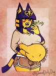 anthro belly big_belly big_breasts bloated blush bottomwear breasts burping clothing female hand_on_belly jewelry open_mouth overweight overweight_female rumbling_stomach shorts solo stuffing weight_gain damndirtierdog animal_crossing nintendo ankha_(animal_crossing) felid feline mammal absurd_res hi_res