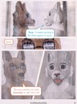 3d_(artwork) ambiguous_gender anthro bathing bathroom blue_eyes brown_eyes canid canine canis close-up comic dialogue digital_media_(artwork) duo english_text eye_contact eyewear eyewear_on_head felid glasses hi_res implied_watersports jackal kneeling looking_at_another male male/male mammal mynka nude pantherine shower showering surprised_face text