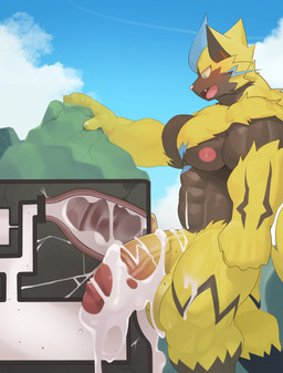 after_sex anthro balls big_muscles big_penis blue_eyes blush bodily_fluids body_worship cum cum_inside destruction excessive_cum excessive_genital_fluids facility flooding fur genital_fluids genitals glans grin half-erect huge_muscles huge_penis humanoid_genitalia humanoid_penis hyper hyper_genitalia hyper_penis internal machine macro male milking_machine muscular muscular_anthro muscular_male nipples pecs penetrable_sex_toy penile penis penis_milking sex_toy smile solo thick_penis yellow_body yellow_fur namutree nintendo pokemon felid generation_7_pokemon legendary_pokemon mammal pokemon_(species) zeraora absurd_res hi_res
