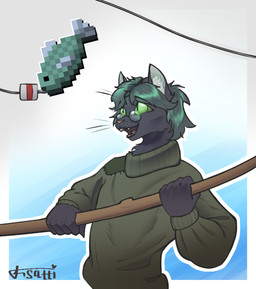 anthro black_body black_fur clothing eyewear fishing fishing_rod fur glasses green_eyes inner_ear_fluff male simple_background solo sweater topwear tuft wearing_glasses ksatti domestic_cat felid feline felis mammal 2024 tagme