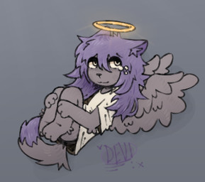 anthro arm_tuft bodily_fluids clothing crying curled_up dipstick_tail ears_down elbow_tuft female fur grey_body grey_fur hair halo long_hair markings paws pivoted_ears purple_ears purple_hair purple_tail_tip sad shirt short_sleeves simple_background solo tail tail_markings tears topwear tuft white_clothing white_shirt white_topwear wings devinci stomach_book sophia_(stomach_book) angel canid canine canis hybrid mammal wolf
